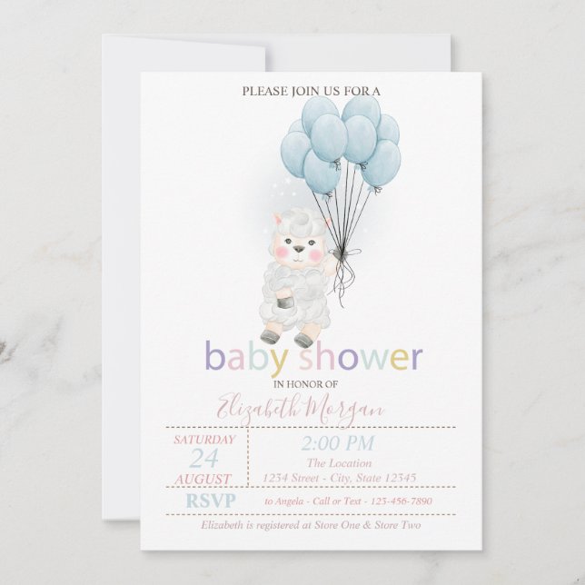 Lilla lamm får ballonger baby shower inbjudningar (Framsida)