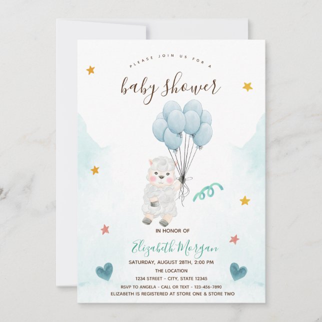 Lilla lamm får Blå baby shower  Inbjudningar (Framsida)