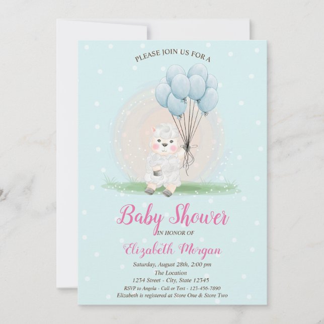 Lilla lamm får blå prickar baby shower inbjudningar (Framsida)
