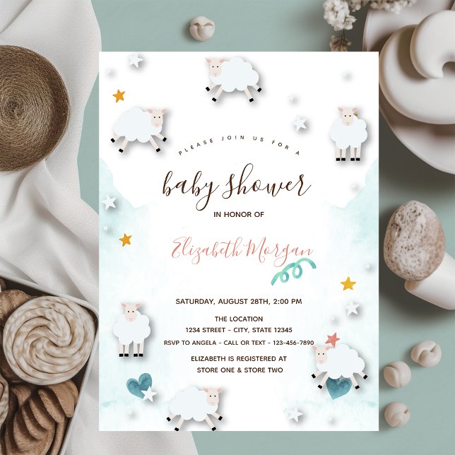 Lilla Lamm Får Moln Stjärnor Baby Shower  Inbjudningar (Skapare uppladdad)