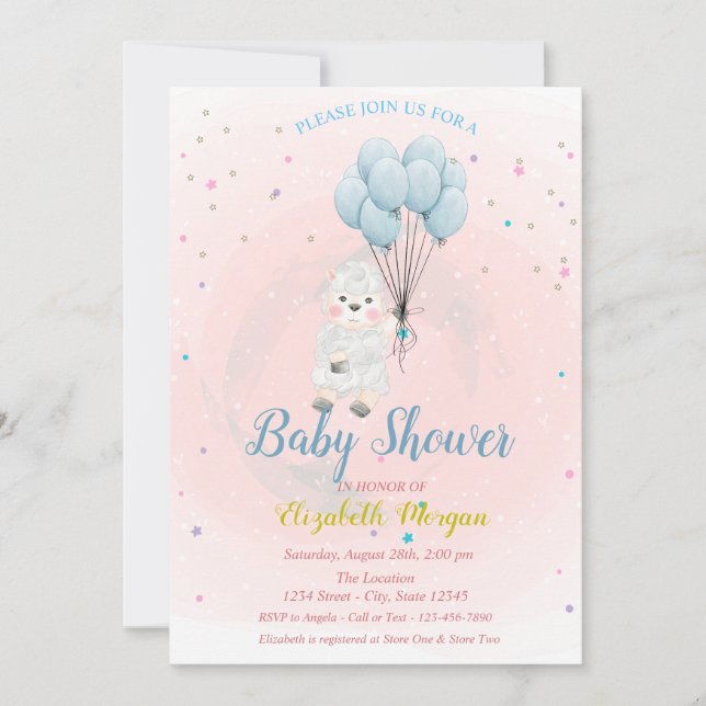 Lilla lamm får stjärnor baby shower inbjudan (Framsida)
