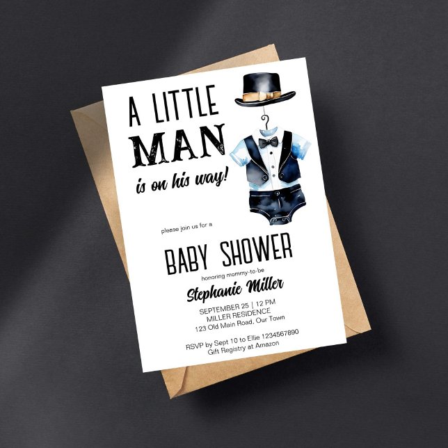Lilla man duschar svart tuxedo och hatt inbjudningar (Little man baby shower template invitation digital download black baby tuxedo bodysuit a black hat)