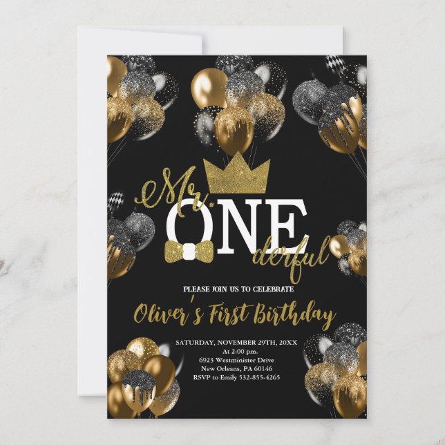 Lilla man, mr One-underbara födelsedag, ballonger Inbjudningar (Framsida)