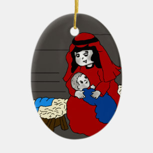 Lilla Mary och Baby Jesus i Red Julgransprydnad Keramik