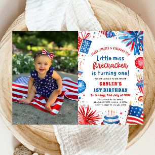 Lilla miss Firecracker 4:e juli 1:a födelsedag Inbjudningar