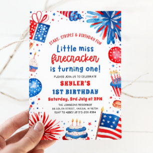Lilla miss Firecracker 4:e juli 1:a födelsedag Inbjudningar