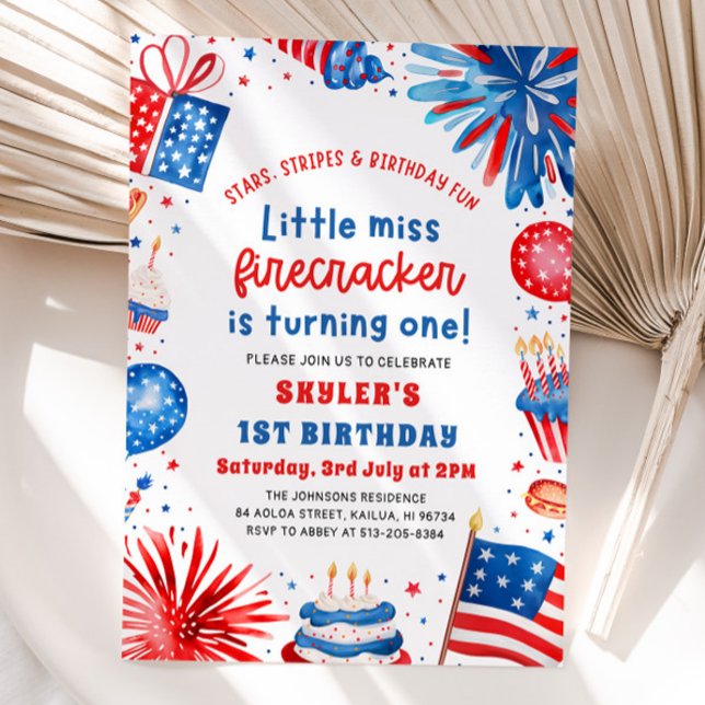 Lilla miss Firecracker 4:e juli 1:a födelsedag Inbjudningar (Watercolor Patriotic Fireworks Little Miss Firecracker 4th of July 1st Birthday Invitation)