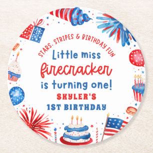 Lilla miss Firecracker 4:e juli 1:a födelsedag Underlägg Papper Rund