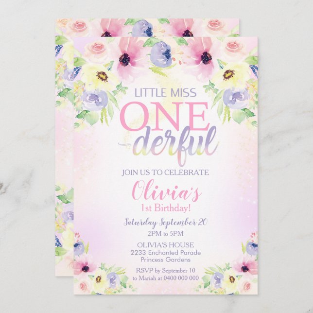 Lilla miss Onederful bjudande flicka 1:a Inbjudningar (Fram/baksida)