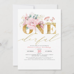 Lilla miss ONEderful Guld Glitter 1:a födelsedagen Inbjudningar