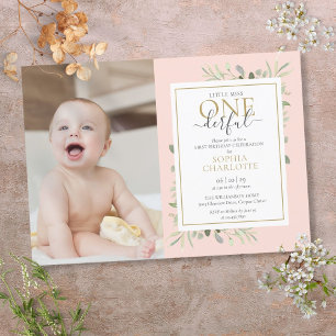 Lilla Miss ONEderful rosa flicka 1-års fotofödsela Inbjudningar