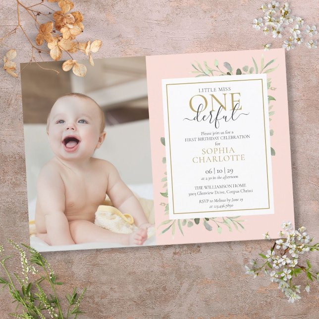 Lilla Miss ONEderful rosa flicka 1-års fotofödsela Inbjudningar (Little Miss ONEderful Pink Girl 1st Birthday Photo Invitation)