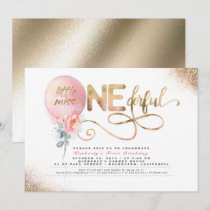 Lilla miss ONEunderbar Blommigt Ballon 1:a födelse Inbjudningar