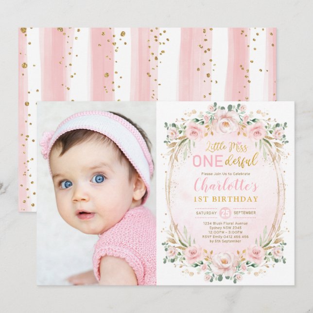 Lilla miss ONEunderbar Rosa Guld Blommigt födelsed Inbjudningar (Fram/baksida)