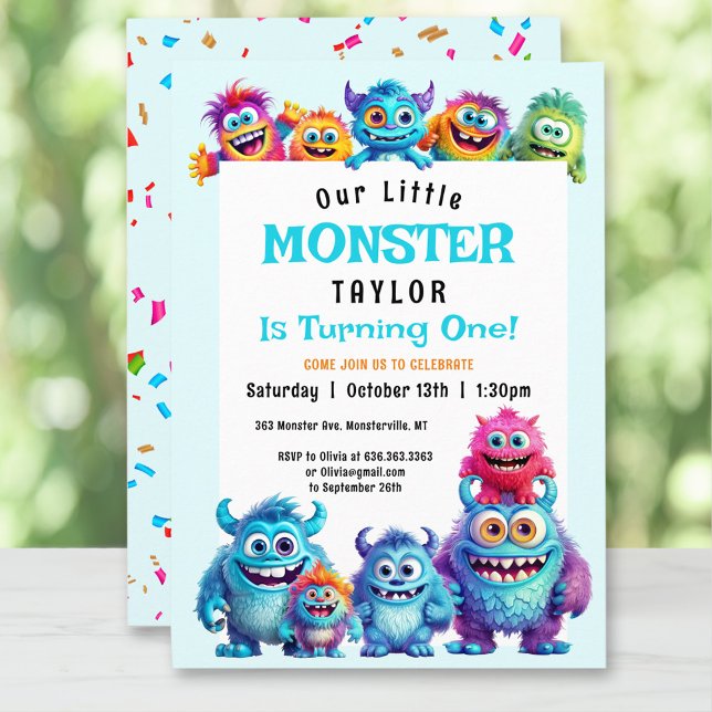 Lilla Monster Boy 1:a födelsedagsinbjudan Inbjudningar (Little Monster Boy 1st Birthday Invitation)