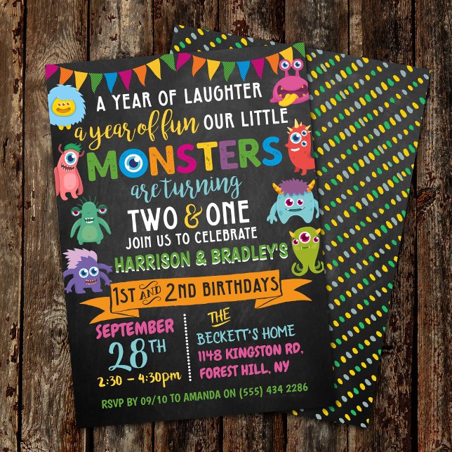 Lilla monster Chalkboard 1:a och 2:a gemensamma fö Inbjudningar (Skapare uppladdad)
