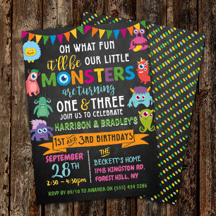 Lilla monster Chalkboard 1:a och 3:e gemensamma fö Inbjudningar