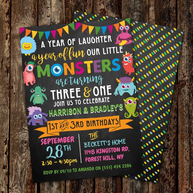 Lilla monster Chalkboard 1:a och 3:e gemensamma fö Inbjudningar (Skapare uppladdad)