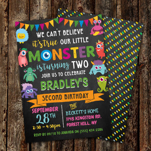 Lilla monster Chalkboard 2:a födelsedag Inbjudningar