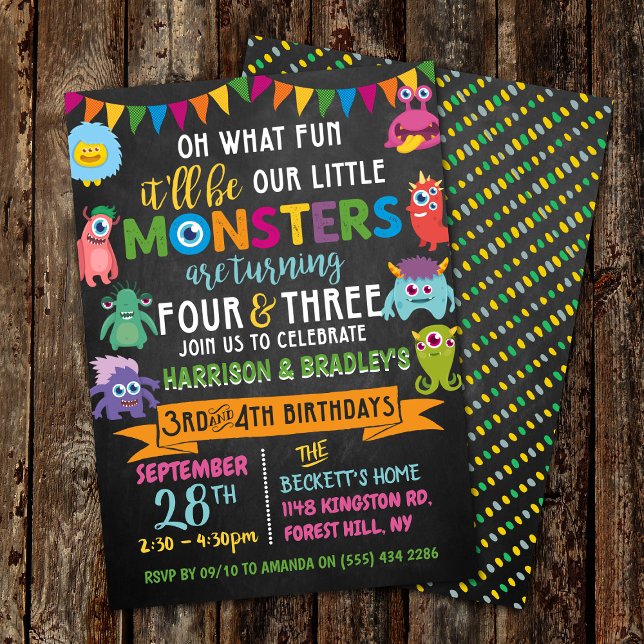 Lilla monster Chalkboard 3:e och 4:e gemensamma fö Inbjudningar (Skapare uppladdad)