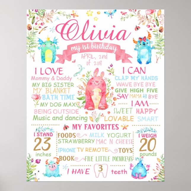 Lilla monster First Birthay-skyltbord Poster (Framsidan)