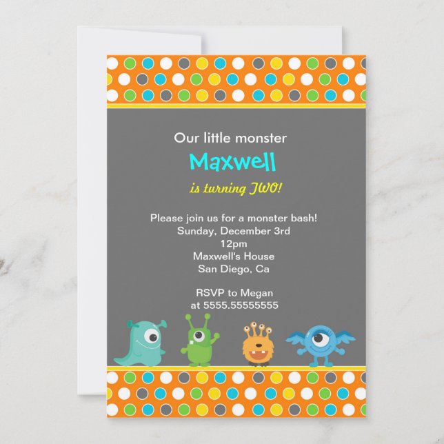 Lilla Monster Födelsedagsfest inbjudan (Framsida)