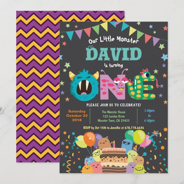 Lilla monster första födelsedagsfesten. Pojken 1:a Inbjudningar (Fram/baksida)