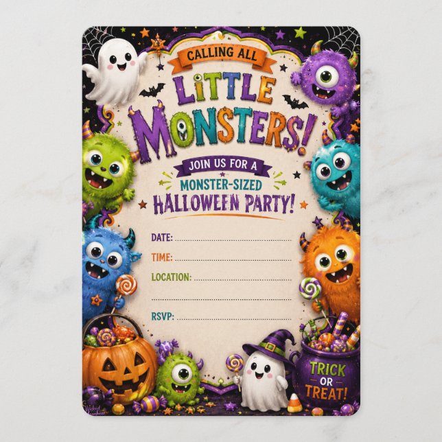 Lilla monster Halloween-fest för barn inbjudan (Framsida)