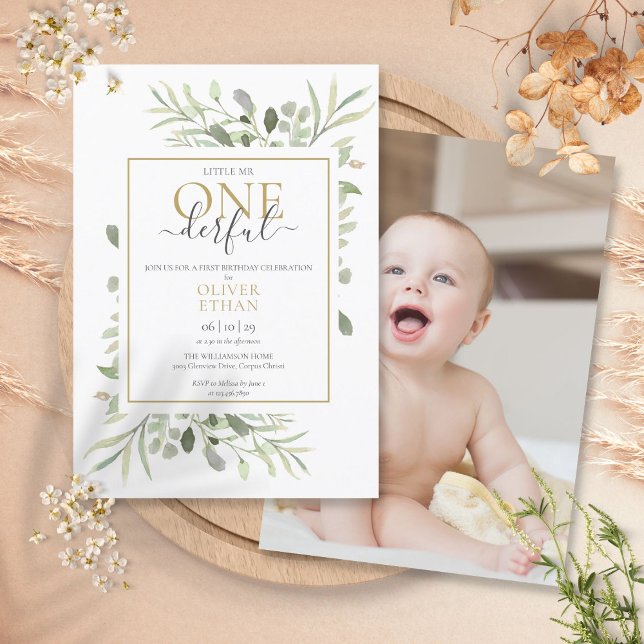Lilla Mr ONEunderbar Elegant Photo First Birthday Inbjudningar (Skapare uppladdad)