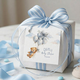 Lilla Nalle Björn Blå Ballonger Moln Baby Pojke Gåvor Etiketter