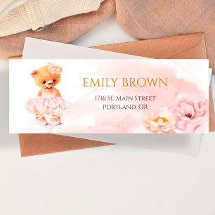 Lilla nalle blomma princess rosa water color returadress etikett