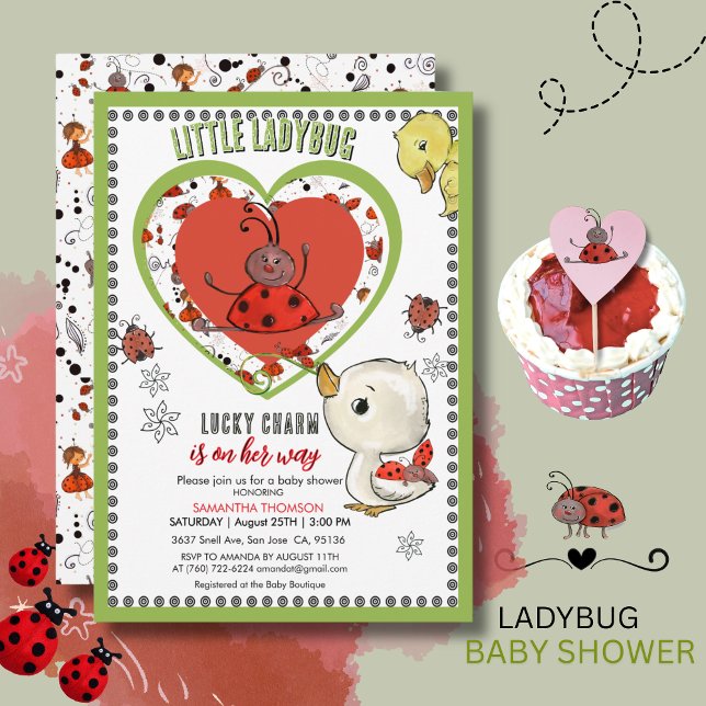 Lilla Nyckelpigan Ducklins Turbringande är på väg Inbjudningar (Little Ladybug Ducklin's Lucky Charm is on Her Way Invitation)