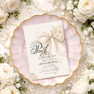 Lilla Pearl Bow Blommig Bebis Shower Inbjudningar