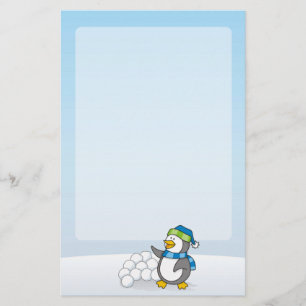 Lilla penguin med snö bollar som viftar brevpapper