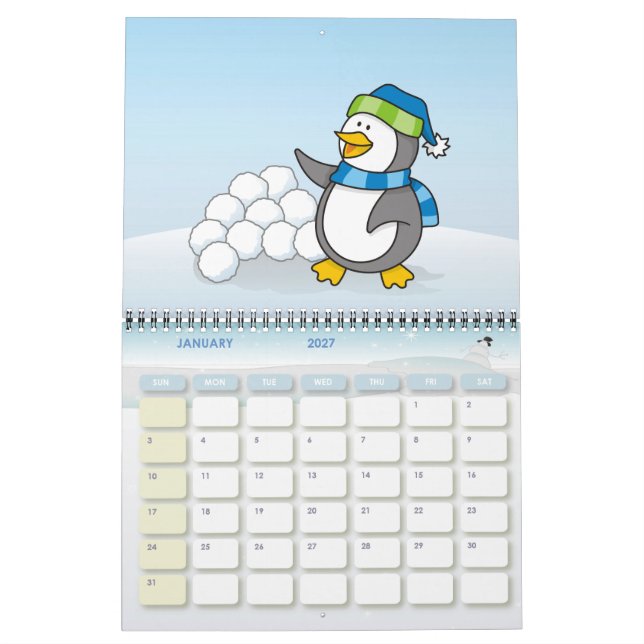Lilla penguin med snö bollar som viftar kalender (Jan 2027)