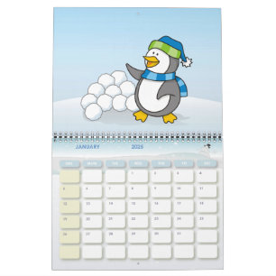 Lilla penguin med snö bollar som viftar kalender
