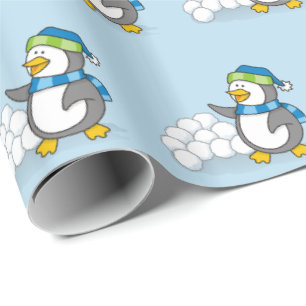 Lilla penguin med snö bollar som viftar med omslag presentpapper