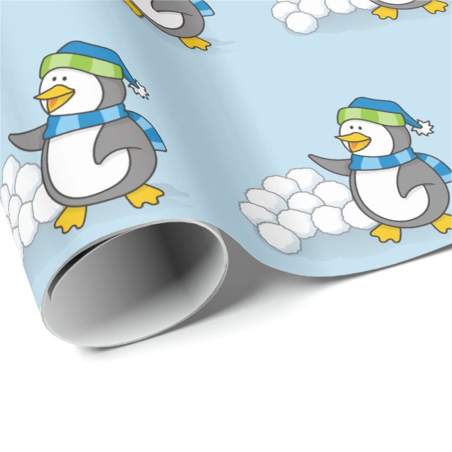 Lilla penguin med snö bollar som viftar med omslag presentpapper (Rullad Hörn)