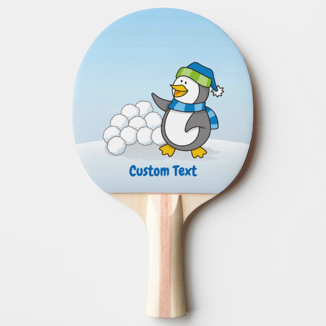 Lilla penguin med snö bollar som viftar pong pa pingisracket (Framsidan)