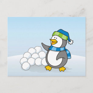 Lilla penguin med snö bollar som viftar vykort