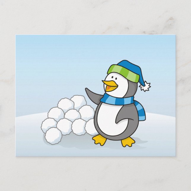 Lilla penguin med snö bollar som viftar vykort (Framsida)