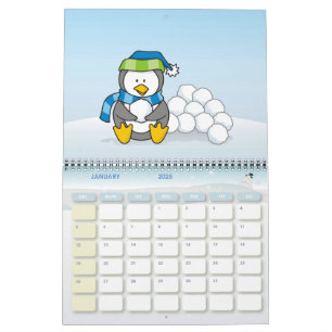 Lilla penguin sitta med snöbullar kalender
