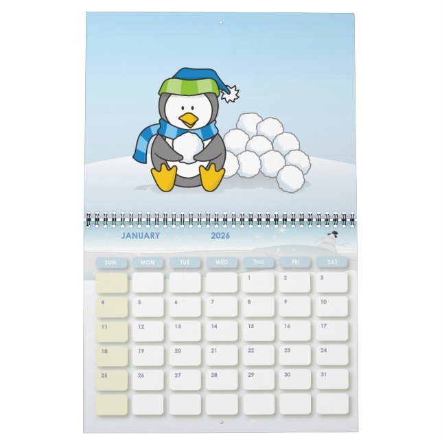 Lilla penguin sitta med snöbullar kalender (Jan 2026)