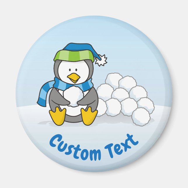 Lilla penguin sitta med snöbullar magnet (Framsidan)