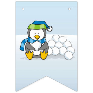 Lilla penguin sitta med snöbullar vimplar