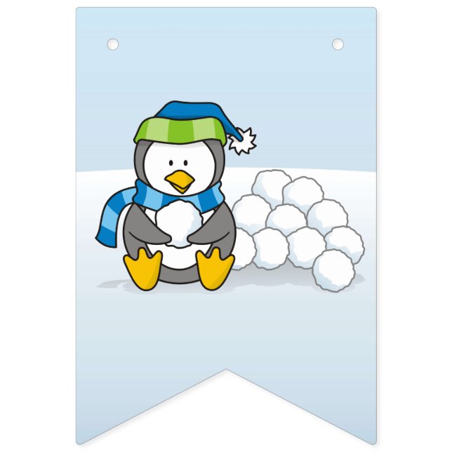 Lilla penguin sitta med snöbullar vimplar (Fjärde flaggan)