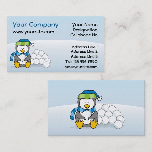 Lilla penguin sitta med snöbullar visitkort (Fram/baksida)