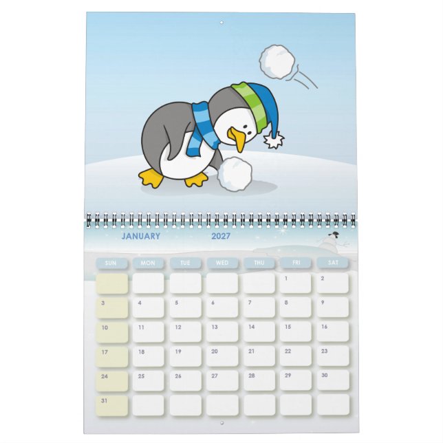 Lilla penguin som får snö boll kalender (Jan 2027)