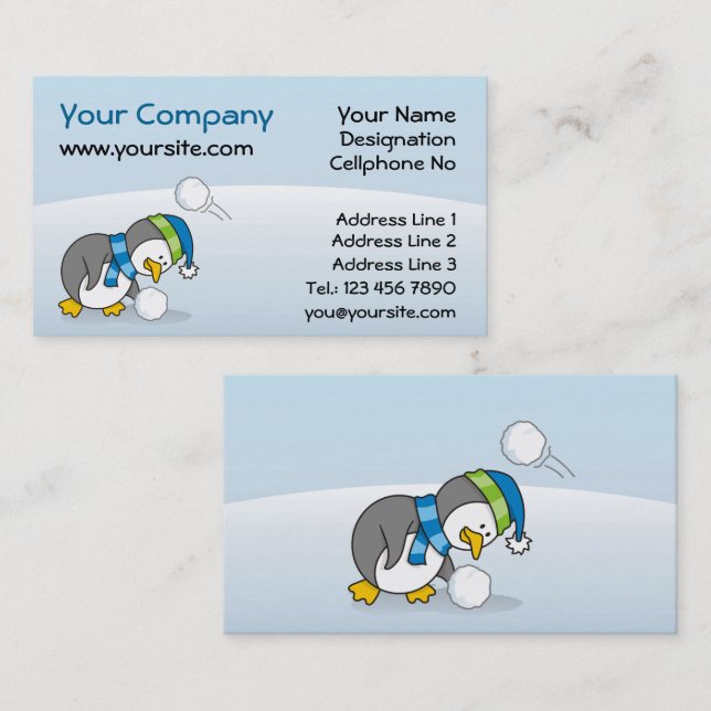 Lilla penguin som får snö boll visitkort (Fram/baksida)