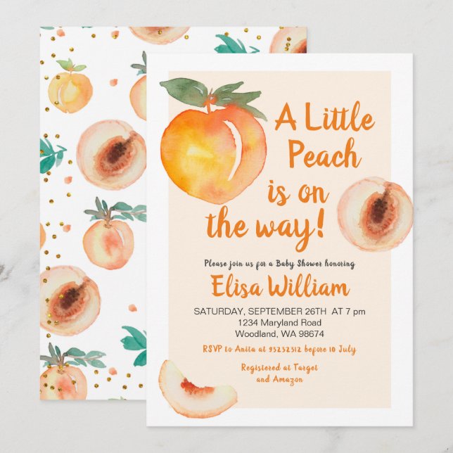 Lilla persikan är på Way Baby Shower Inbjudningar (Fram/baksida)